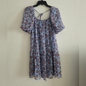 Madewell blue floral Puff-Sleeve Mini Dresswith tie back detail. Size: 0